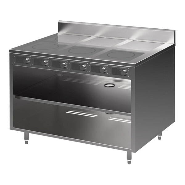 A Spring USA stainless steel slide-in induction cooking cabinet with six ranges.