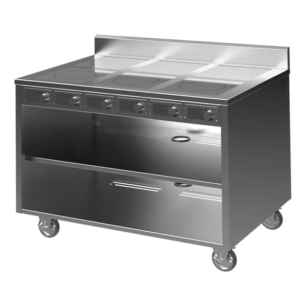 A Spring USA stainless steel mobile induction cooking cart with 6 ranges.