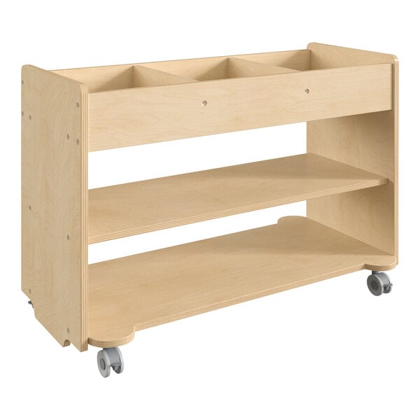 A Flash Furniture wooden mobile storage cart with shelves on wheels.