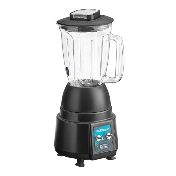 A Waring commercial blender with a black base and clear polycarbonate container.