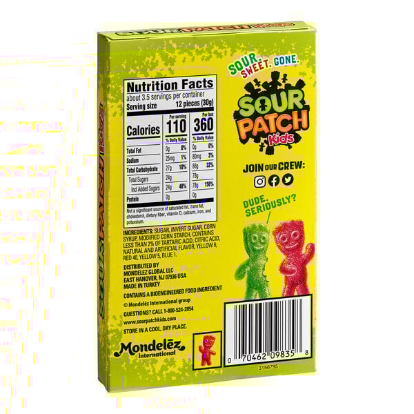 A yellow Sour Patch Kids box with a label.