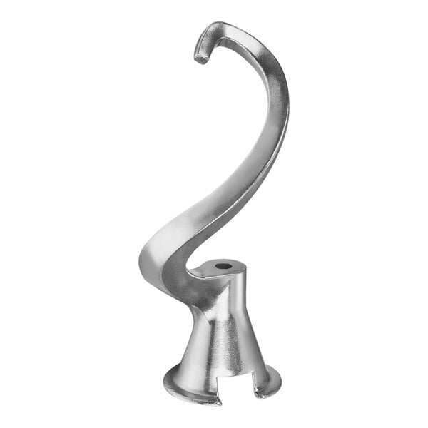 A silver metal Omcan spiral dough hook with a curved shape.