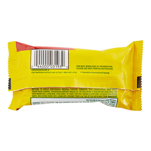 A yellow package of Nabisco belVita Cinnamon Brown Sugar Breakfast Biscuits with a bar code.