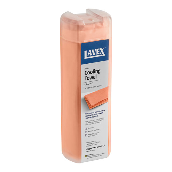 A plastic container of Lavex Super-Absorbent Antimicrobial PVA Orange Cooling Towel.