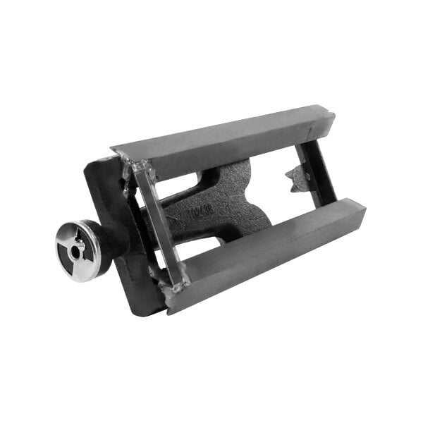 A close-up of a black metal American Range H-Burner clamp with a screw.