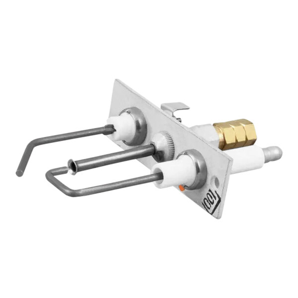 A metal device with a white and silver metal pipe and three metal rods.