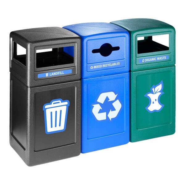Three Commercial Zone Polytec square trash bins with dome top lids, each with a recycling symbol.