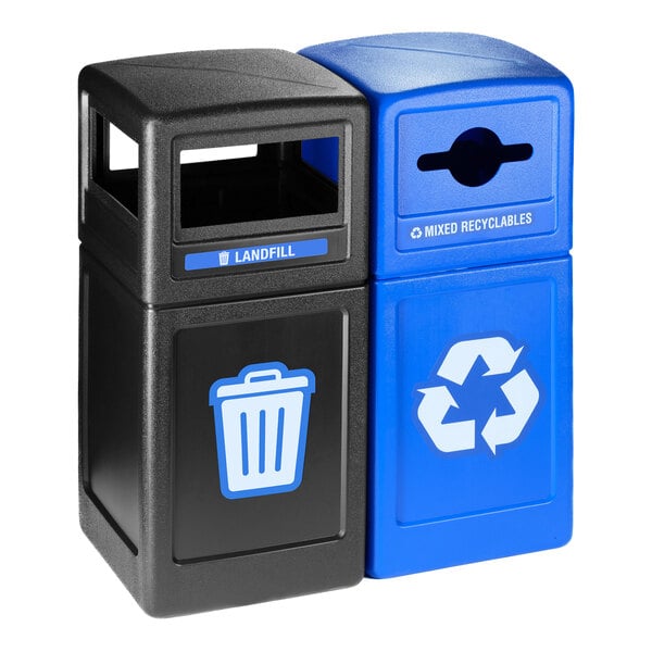 A black trash can with blue and black Commercial Zone Polytec recycling bins.