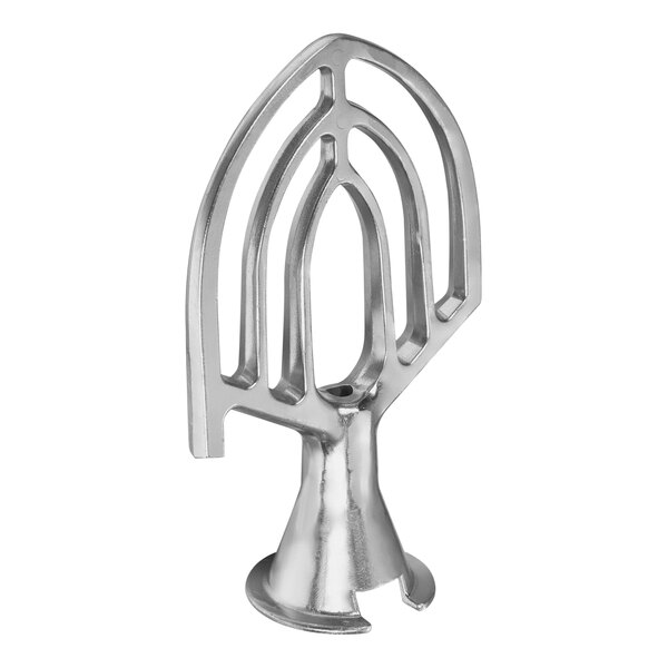 A silver metal flat beater with a curved design on a white background.