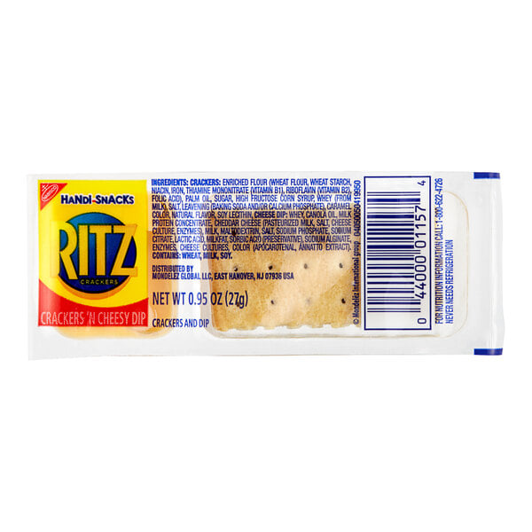 A package of Nabisco Ritz Handi-Snacks Crackers N' Cheesy Dip with blue text on a white background.