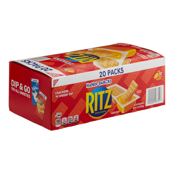 A red box of Nabisco Ritz Crackers with cheese dip inside.