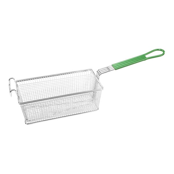 A Frymaster wire fryer basket with a green handle.