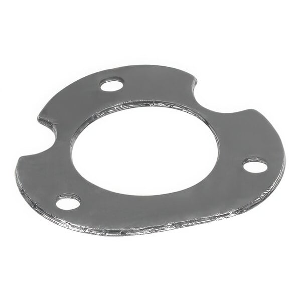 A silver metal burner gasket with holes.