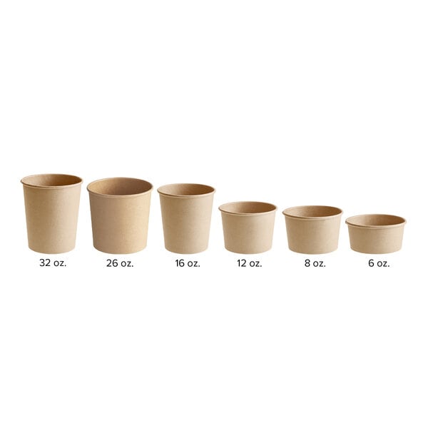 A row of brown and white Choice paper food cups with measurements.