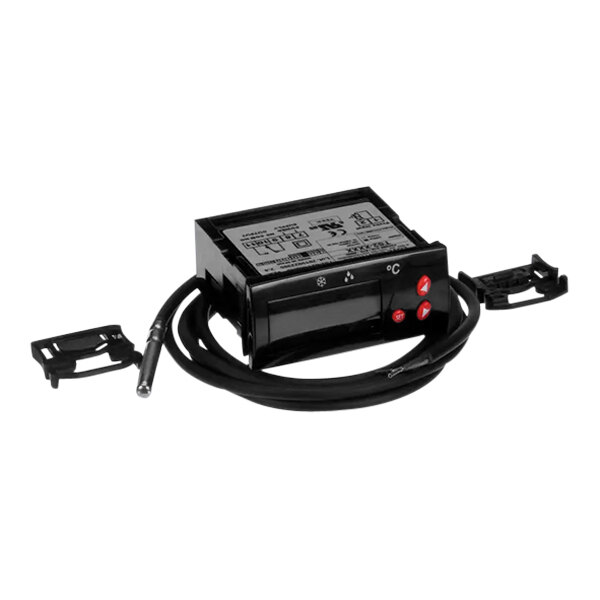 A black electronic device with a white label and a cable.