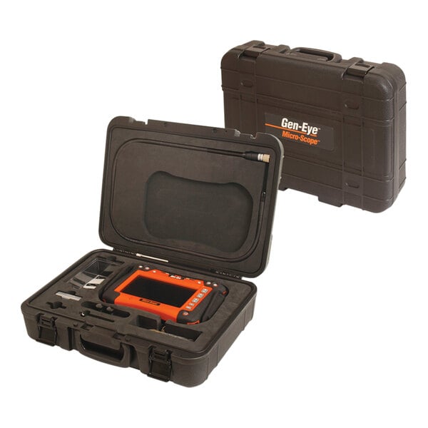 A black plastic case with a black plastic cover containing an orange and black General Pipe Cleaners pipe inspection camera.