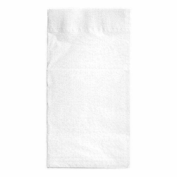 A close-up of a white Hoffmaster Quickset dinner napkin with a pocket fold.