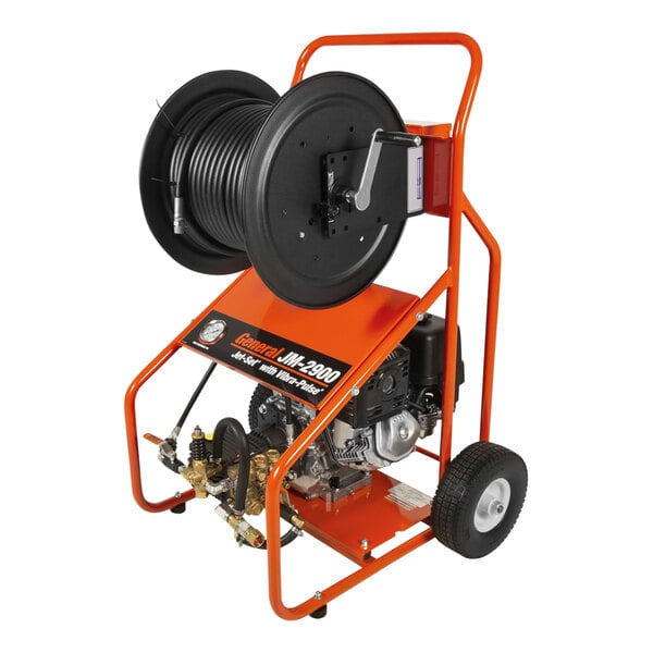 A General Pipe Cleaners gas-powered water jetter with a hose reel.