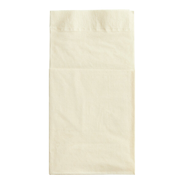 A Hoffmaster ecru square folded paper napkin with a white border.
