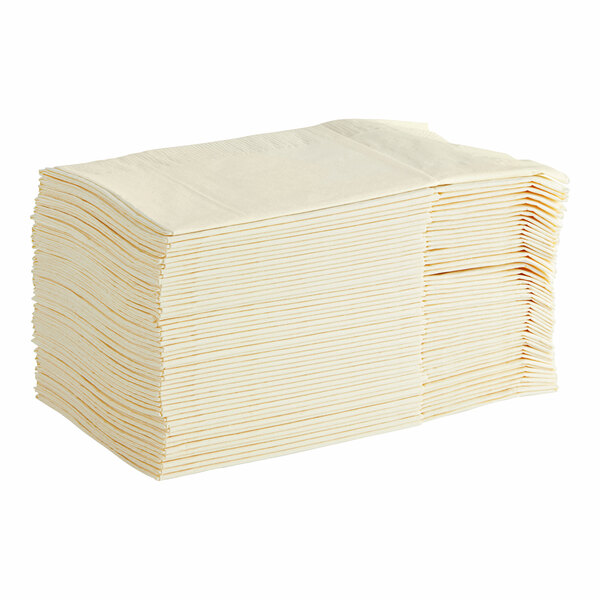A large stack of ecru Hoffmaster Quickset dinner napkins.