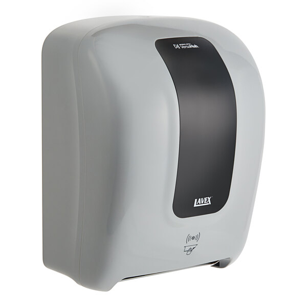 A grey and black WiFi-enabled automatic paper towel roll dispenser.