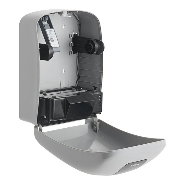 A grey plastic Lavex paper towel dispenser box with a black lid.