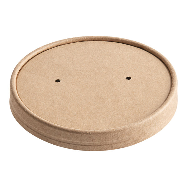 A round brown Choice kraft paper lid with two vent holes.