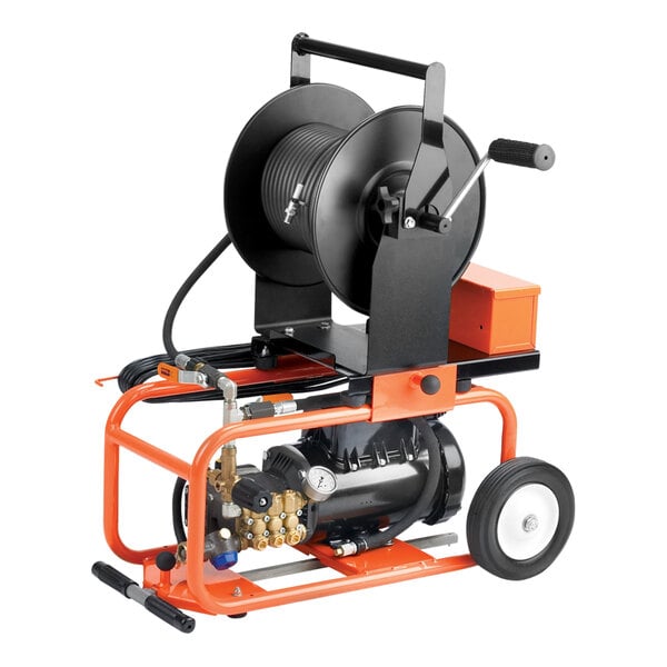 A General Pipe Cleaners electric water jetter hose reel on a cart.