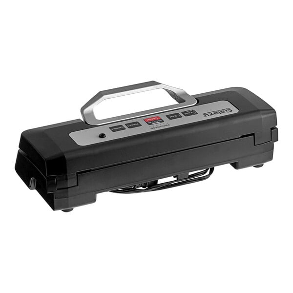 A black and silver Galaxy vacuum sealer with a handle and external cutter.