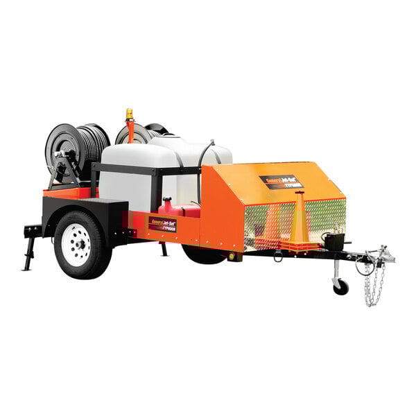 A white trailer with a General Pipe Cleaners Typhoon water jetter machine and hose reels.