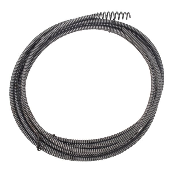 A coiled metal Flexicore cable with a regular head, designed for use with select drain cleaning machines.