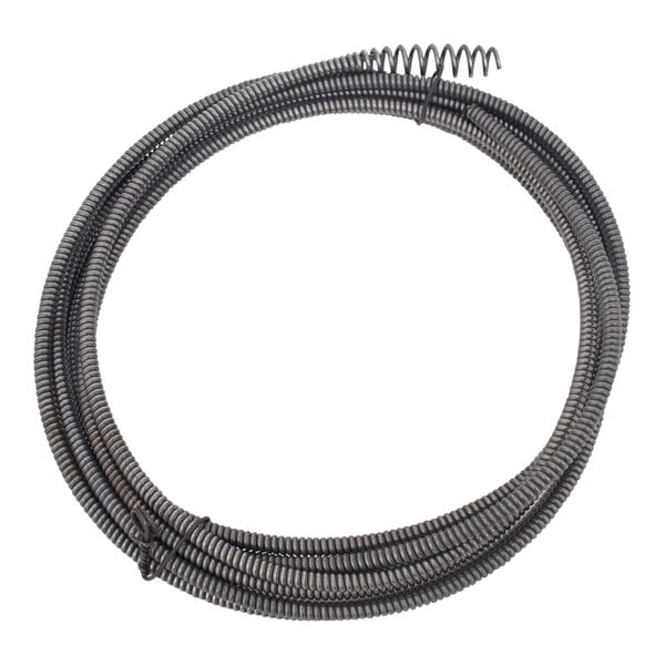 A coiled black metal wire with a spring.