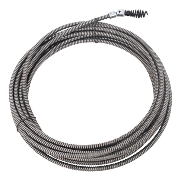 A coiled metal hose with a metal spring on one end.