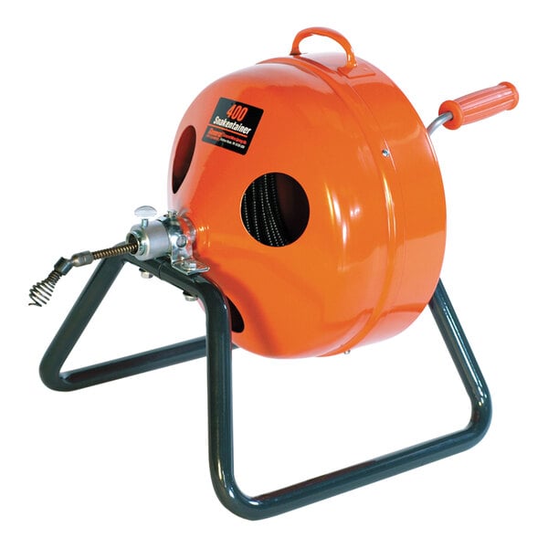 An orange and black General Pipe Cleaners Spin-Drive drain cleaner with black handles.
