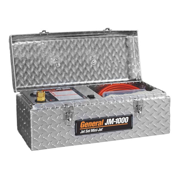 A metal box with a General Pipe Cleaners Mini-Jet Electric Water Jetter Set inside.