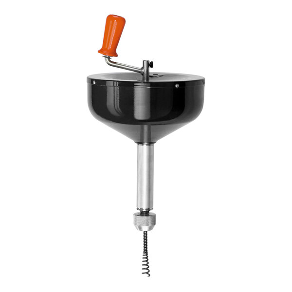 A black and silver General Pipe Cleaners handheld automatic drain cleaner with an orange handle.