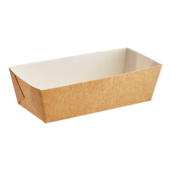A brown and white corrugated paper bread loaf mold.