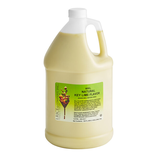 A gallon jug of white liquid with a white label that reads "I. Rice Key Lime Hard Serve Ice Cream"