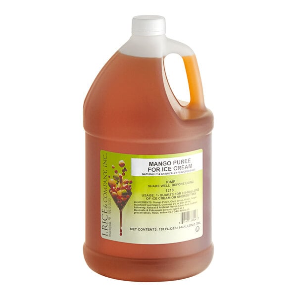 A white jug of I. Rice Mango Hard Serve Ice Cream Puree.