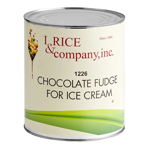 A white #10 can of I. Rice Chocolate Fudge hard serve ice cream base. The label is red with a picture of a bowl of chocolate ice cream.