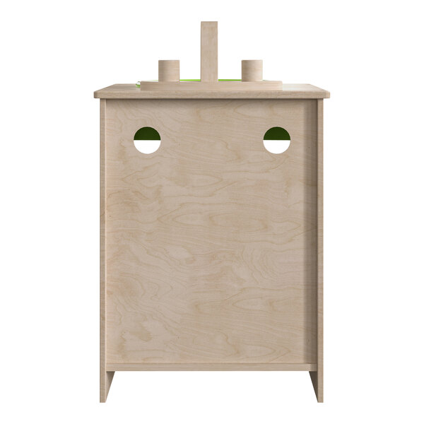 A wooden children's play sink with holes and a hole in the middle.