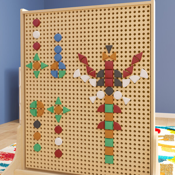 A Flash Furniture multi-color peg board with colorful pieces on it.