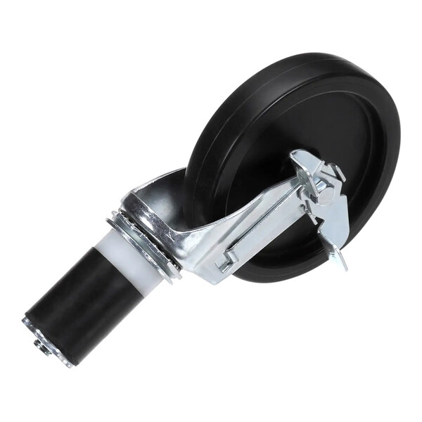 A Duke work table swivel caster with a black wheel and metal handle.