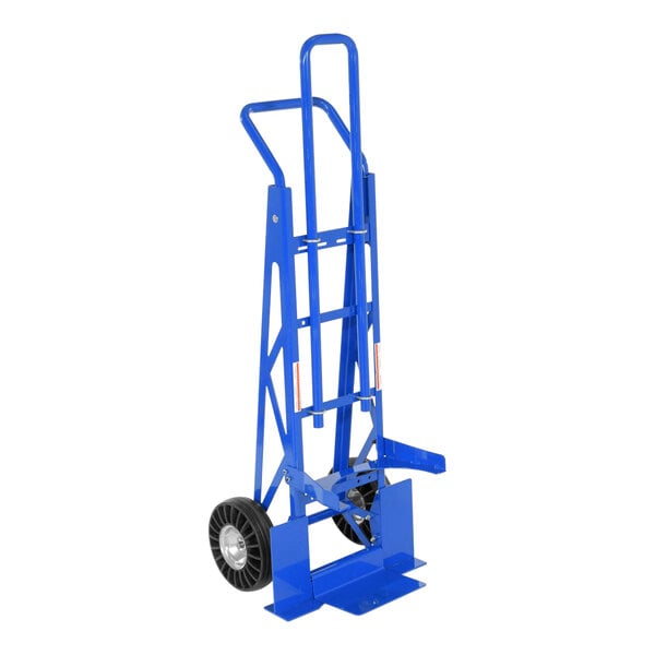 A blue steel Vestil hand truck with black wheels.