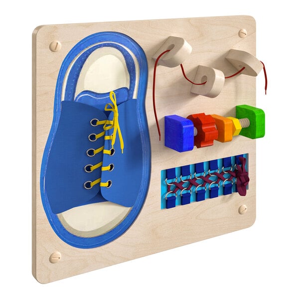 A Flash Furniture wooden wall activity board with a shoe tied to it with yellow laces.