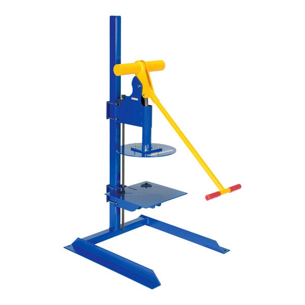 A blue and yellow Vestil steel pail lid closing press with a yellow handle.