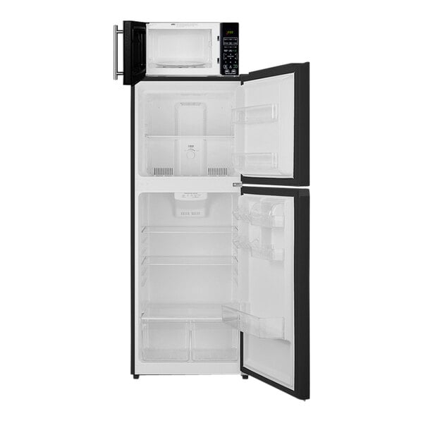 A black Summit refrigerator with a microwave inside.