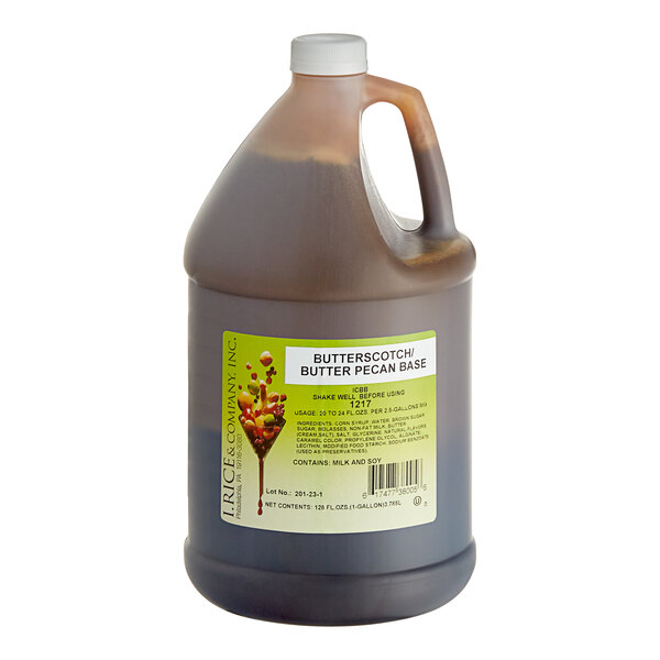 A jug of I. Rice Butterscotch Pecan Hard Serve Ice Cream Base.
