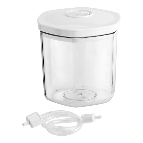 A clear plastic Galaxy vacuum canister with a white lid.