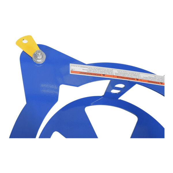 A blue metal object with a yellow handle and label.